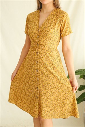 Sarı Floral Viskon Elbise